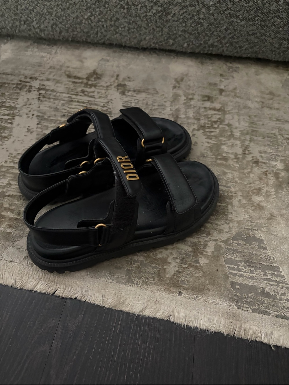 Dior Black Leather Sandal with Gold Logo Accents - Picture 3 of 4